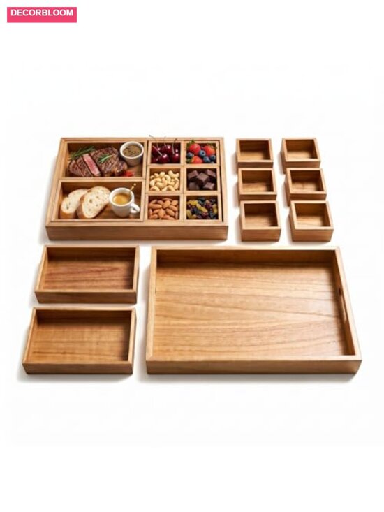 Other - Natural Paulownia Wood Serving Tray 9-Compartment with Handles